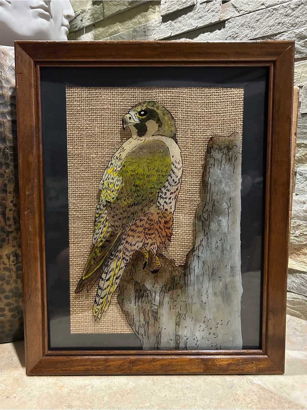 Vintage framed wildlife reverse glass painting of a Peregrine Falcon